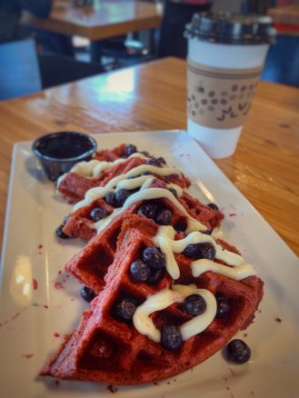 red velvet waffle with blue berries at Daily Jam in Tempe, Arizona 