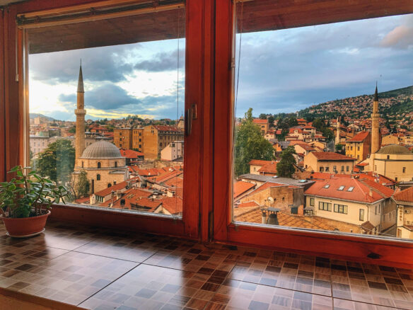 View of the old town of Sarajevo, where you can see terracotta roofs and mosques