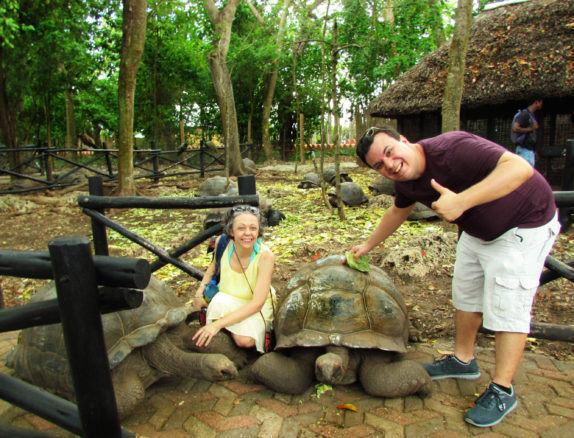 Alex and Bell with the giant tortoise on Prison Island, just off the coast of Zanzibar