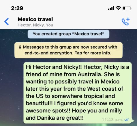 Text message from bell asking Hector for advice of traveling in mexico