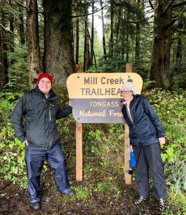 Alex & Bell dressed in all their rain gear at the trailhead