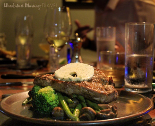 Steak a top broccoli and mushrooms