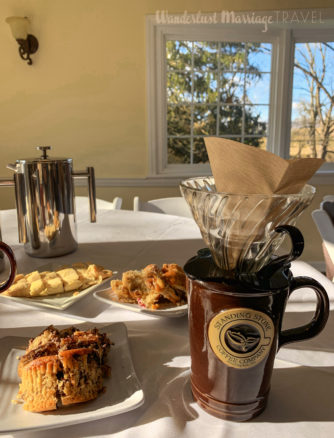 Pourover coffee with cakes on the table