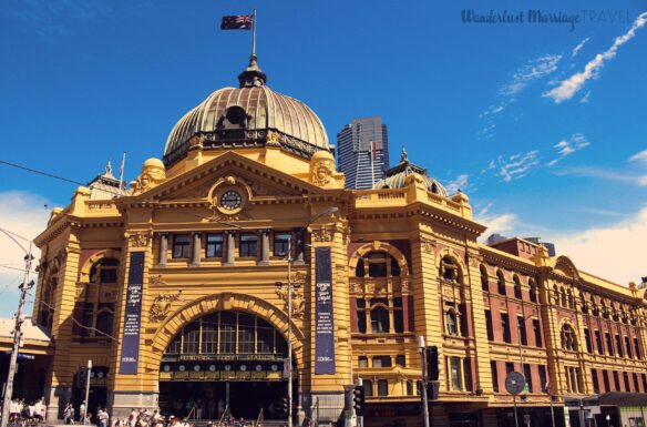 Flinders Street station in Melbourne with blue slies