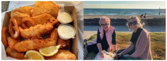 Bell and her mum with fish and chips at the beach