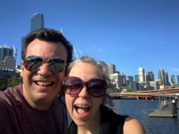 Alex and Bell along the Yara river with Melbourne skyline in the back