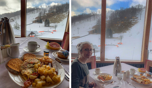 Collage, one close up of breakfast and Bell sitting at breakfast table