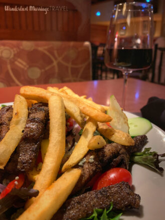 Steak tips and red wine for dinner