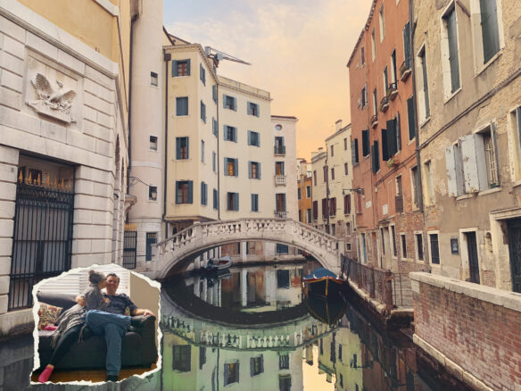 Venice canals with Alex and Bell on the couch superimposed