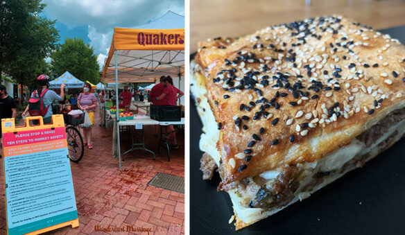 two photos, one of the market with vendors and the other of a Turkish burek purchased at the FRESHFARM in downtown Silver Spring, Maryland