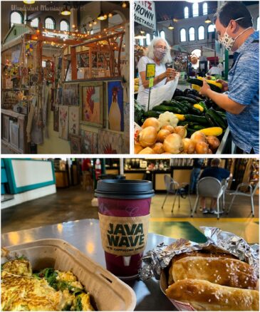 three photo collage, breakfast with omelette, alex buying fresh produce and art for sale
