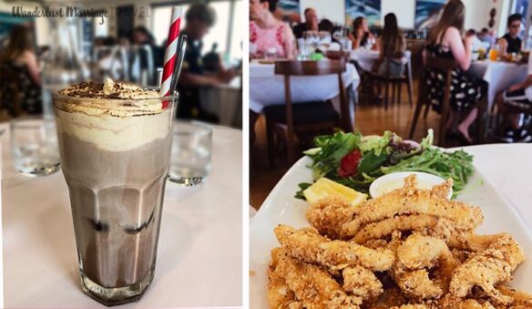 2 pictures, one of a glass with iced coffee toped with cream and chocolate sprinkles, the other photo is is over fried calamari in a restaurant 