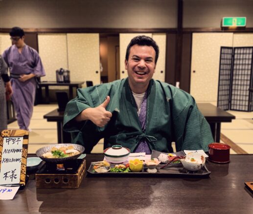 Alex Kallimanis at a Kaiseki dinner in his casual komono (yukata) at Mount View Hakone