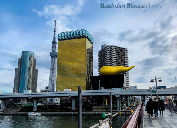 View of Tokyo Skytree and Asahi Building (aka Golden Turd) from the Azuma Bridge in Tokyo, Japan