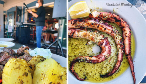 two photos, one of plate of potatoes and lamb with a man playing guitar in the background, the other of octopus tentacles grilled on a plate with a slice of lemon