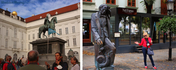 2 photos, first a lady is speaking into a microphone in front of a large bronze statue of a horse with cruise guests. Second photo the tour guide stands in front of a bronze statue of a children's author