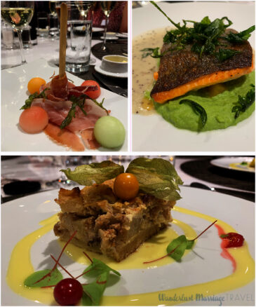 3 photos, one of prosciutto with melon balls, a second picture of salmon a top spinach puree and third picture of apple cake with vanilla custard and berries   