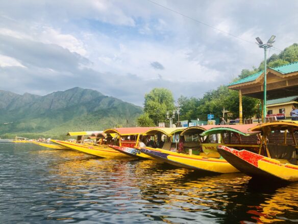 yellow boats docked on the lakeside, with a large mountain range in the background