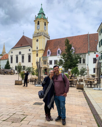 Alex and Bell of Wanderlust Marriage in Bratislava, Slovakia's Old Town.