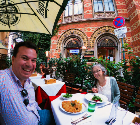 Alex and Bell eating Wiener Schnitzel at the oldest restaurant in Vienna, Griechenbiesl.