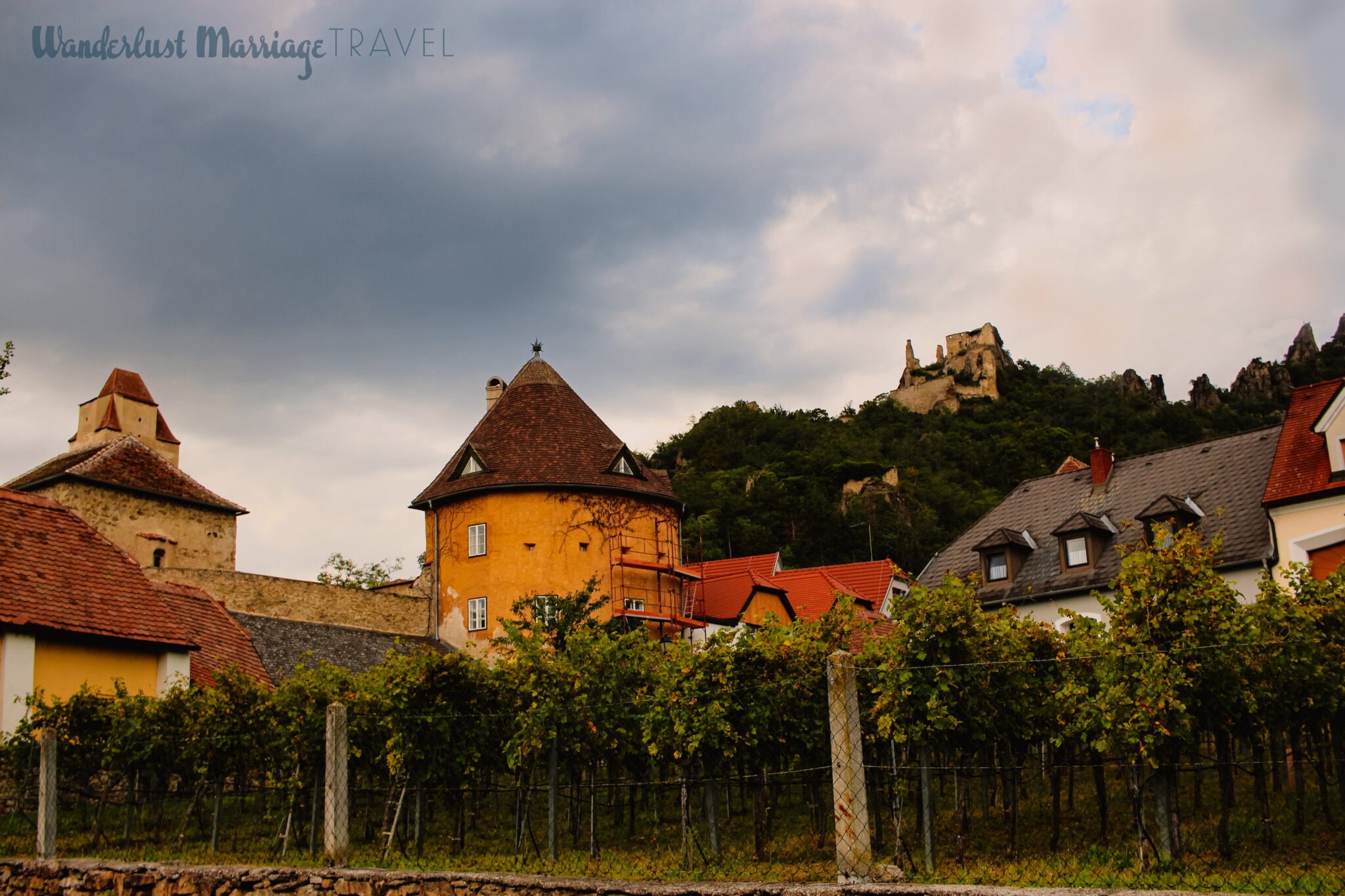 Durnstein castle sits on a hill and the village houses are below and there a grape vines growing in someones yard