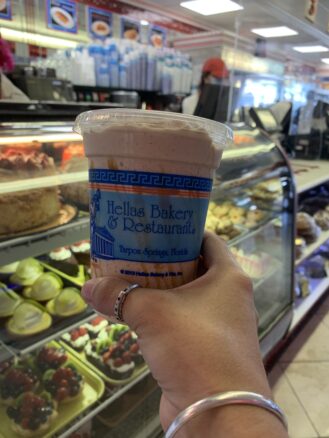 a delicious frappe au la mode at Hellas Bakery, with a huge selection of desserts