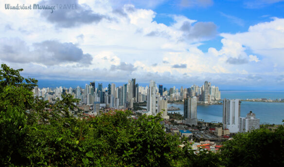 View of the many tall building of the financial district sitting on the Pacific Ocean from a top a high hill