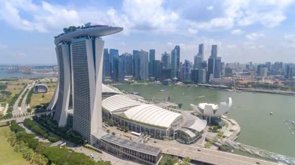 view of downtown Singapore from behind Marina Bay Sands