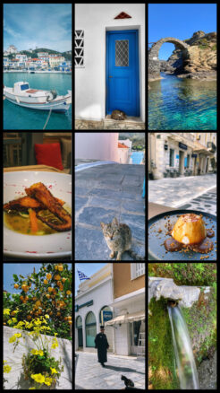 A collage of 9 photos of Andros, Greece includes Pithara Waterfalls, Tourlitis Lighthouse, cats, flowers, a priest, octopus, flan, Andros Chora and Batsi