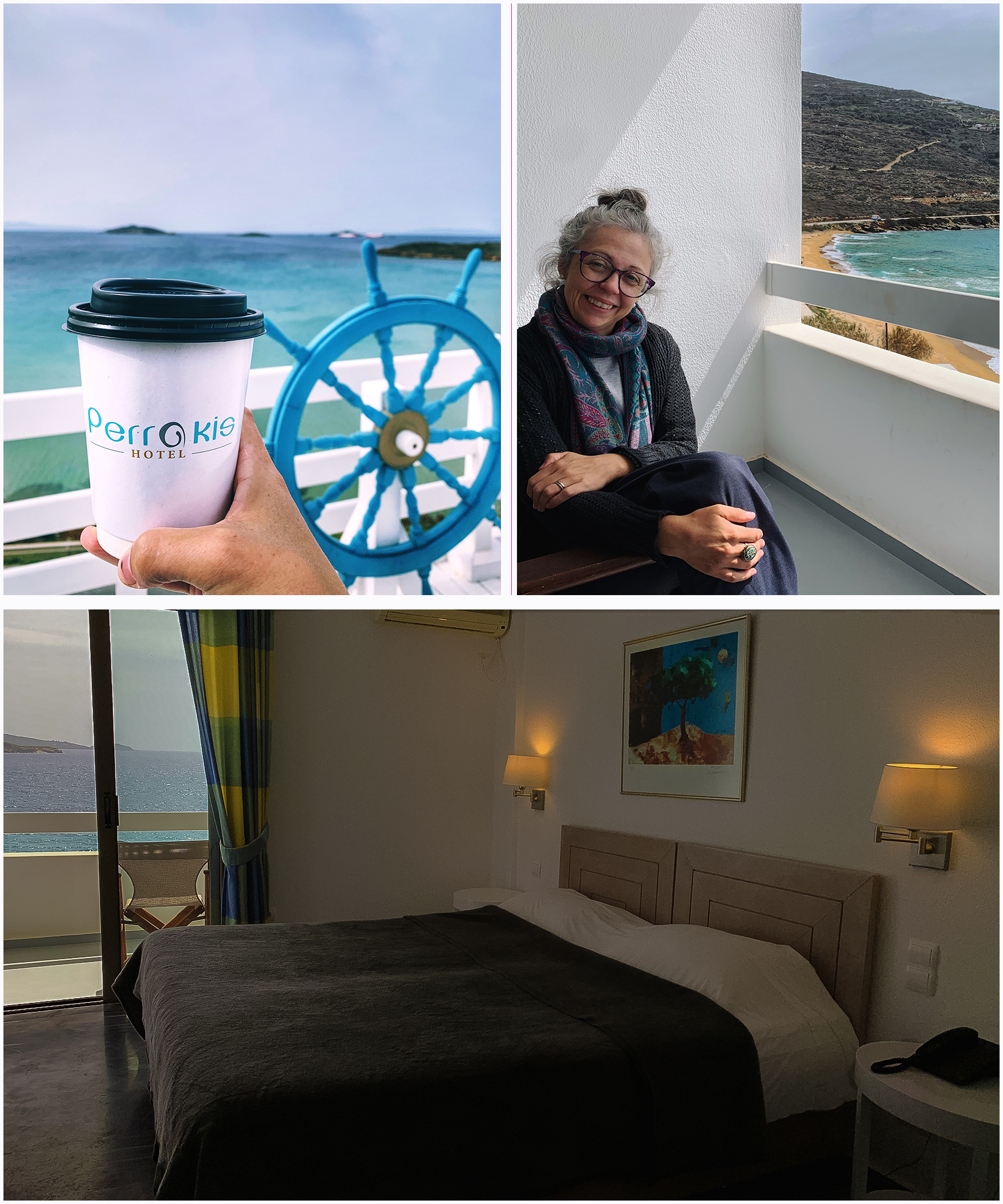 3 photo collage, first photo, takeaway coffee cup saying Perrakis Hotel and the blue Aegean sea in the back ground, second photo, a lady sits on a balcony with a view of the beach and third photo, hotel bed, with lamps and art above bed and out the sliding door you have the sea