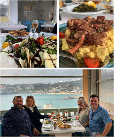 3 pictures, first salad with cheese, tomatoes and lettuce drizzled with dressing, second picture seafood stew atop fava beans, third 2 couples sitting at a restaurant table with the table filled with food and views of the sea