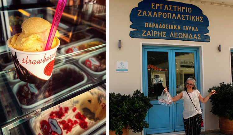 2 photos, one of an ice cream cup with orange flavoured ice cream, and the other of lady holding her ice cream and treats up as she leaves a store