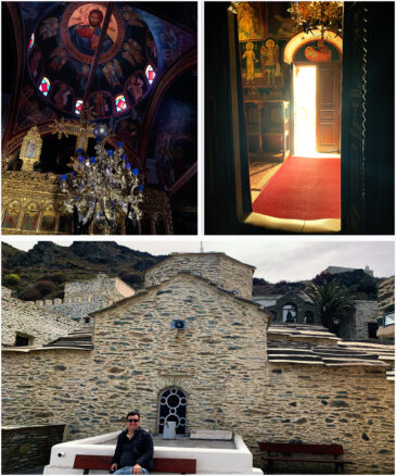 Images outside and inside a 1,000 year old chapel at Panachrantou Monastery in Andros, Greece