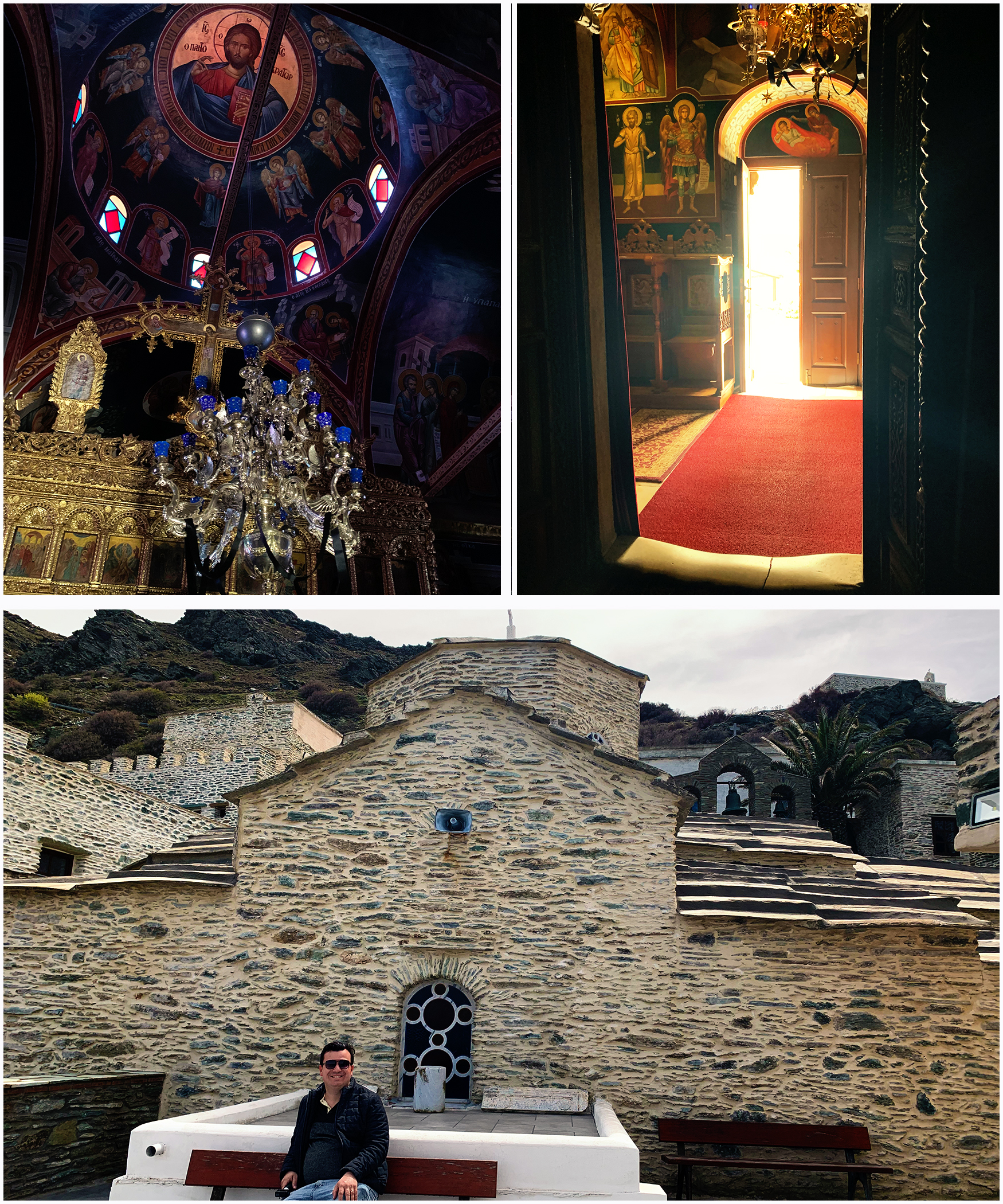 3 photos, first picture inside a chapel, with jesus painted the roof and an elaborate chandelier, 2nd photo, the warn marble on the entrance to the chapel with light filtering in, 3rd photo a man sits out front of the stone chapel with the mountains in the background 