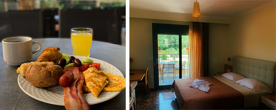 2 photos: one of a plate with bacon, eggs, olives and fresh fruit as well a cup of coffee and OJ; second photo of hotel room with a queen size bed and a  balcony looking out on the woods