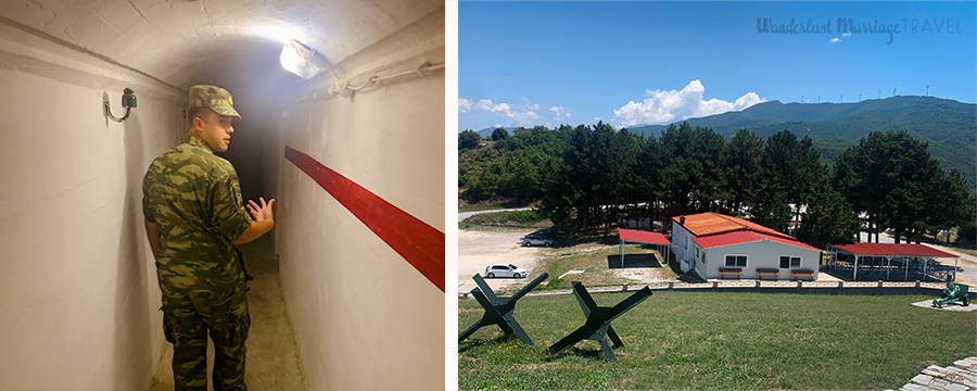 2 photos: one of a tour by a military guy of the narrow underground tunnels of fort roupel; the other is of the base, with the mountains in the background and blue skies