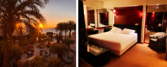 Deluxe room at Hotel Club Casino , with a sunset view of palm trees, olive trees and the Aegean Sea, in Loutraki, Greece