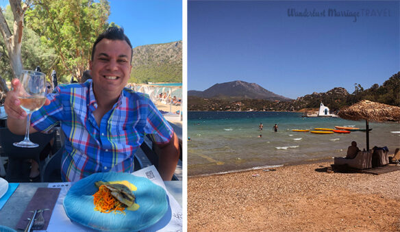 Alex enjoying sea bass and white wine at Ypanema Restaurant & Bar along the beach of Lake Vouliagmeni