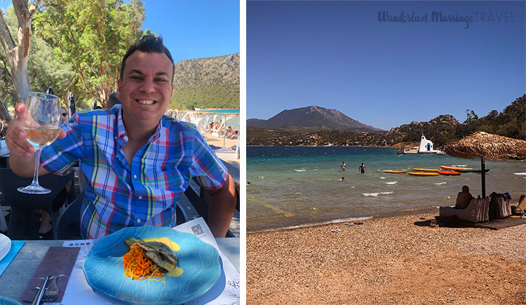 2 photo collage: 1st photo, Alex is in a checkered shirt, with a plate with fish in front of him and a glass of white wine in his hand and the lake behind him; 2nd photo, the lake with a mountain in the background, and people swimming in the lake