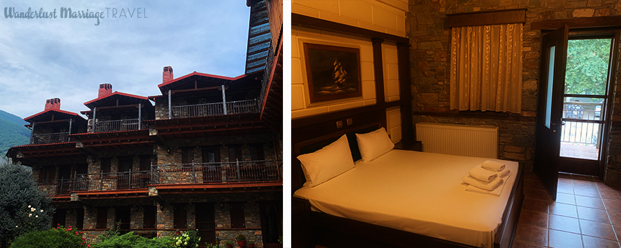 2 photos: one of the outside chalet style look of the hotel and mountains behind the hotel; second photo of the room with a queen bed, stone walls and a door out to the balcony