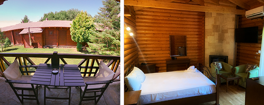 2 photos: one of the large balcony with 2 chairs and table looking at the trees and other cabins; the second inside the room with wooden cabin style walls and queen bed and 2 sitting chairs