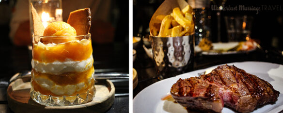 2 photos, one with a glass bowl with layers of yogurt and apricot jam, and the other phots is of a ribeye steak with french fries in the background