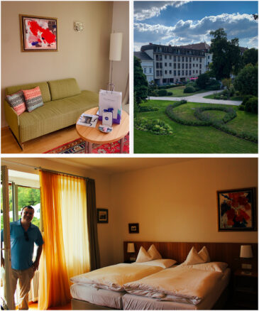 The photo collage, one of an antique life saver chair from a Baden bathhouse,  another of the comfy couch and abstract art with bright red colors, and the other of the bed and balcony with Alex standing in the door