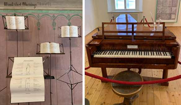 Two photos, one of music stands, some with music and others with information about Beethoven, the other is the grand piano that Beethoven played on when in Baden