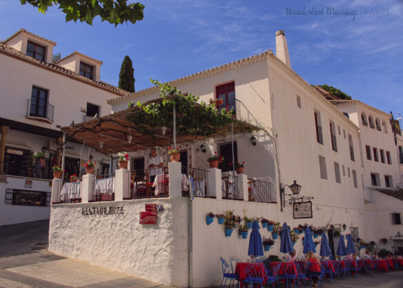 White washed restaurant in Mijas with a grape vine covered terrace