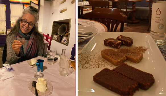 2 image collage, first picture Bell holds a glass of raki and plates of yogurt and honey sit on the table; second photo is plate of different desserts