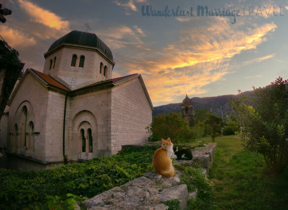 Two cats sitting on a stone fence with a small cathedral and mountains in the background as the sunsets