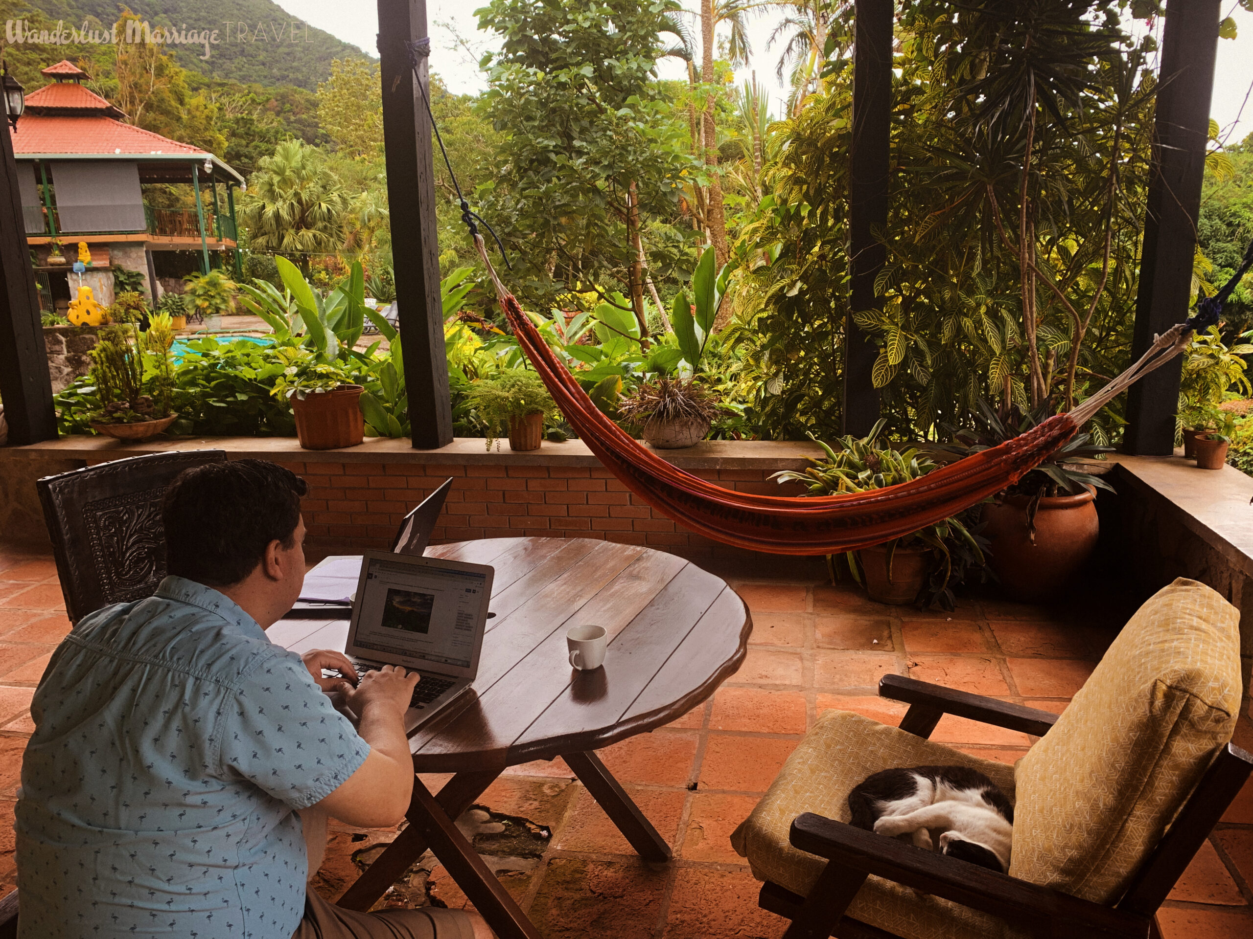 Alex working remotely on a paved porch with a view of the mountains and lush vegetation with a black and white kitty sleeping on a chair beside him 