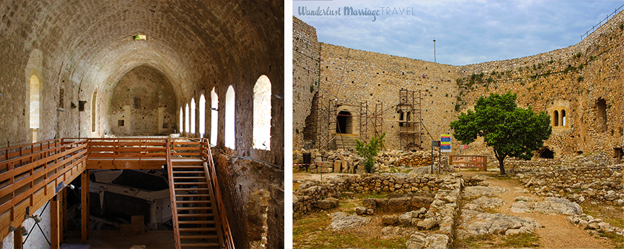 2 photos - one inside the ruins of the castle with catherdral ceilings, the other photo a tree grows in the ruins