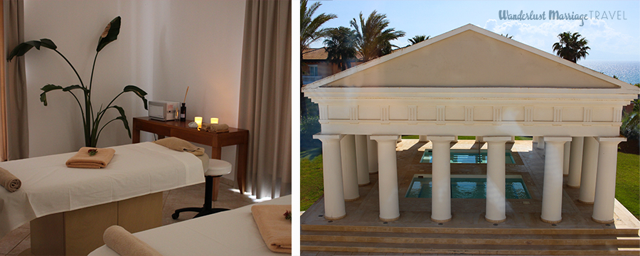 2 photos, one of two massage tables in a room with a plant and mood lighting, the other of the outdoor baths with a covering supported by Greek columns